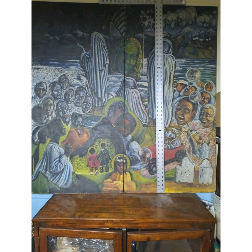 Black Americana Surreal Folk Art Oil Wood Panel Spiritual Visionary Outsider 4ft